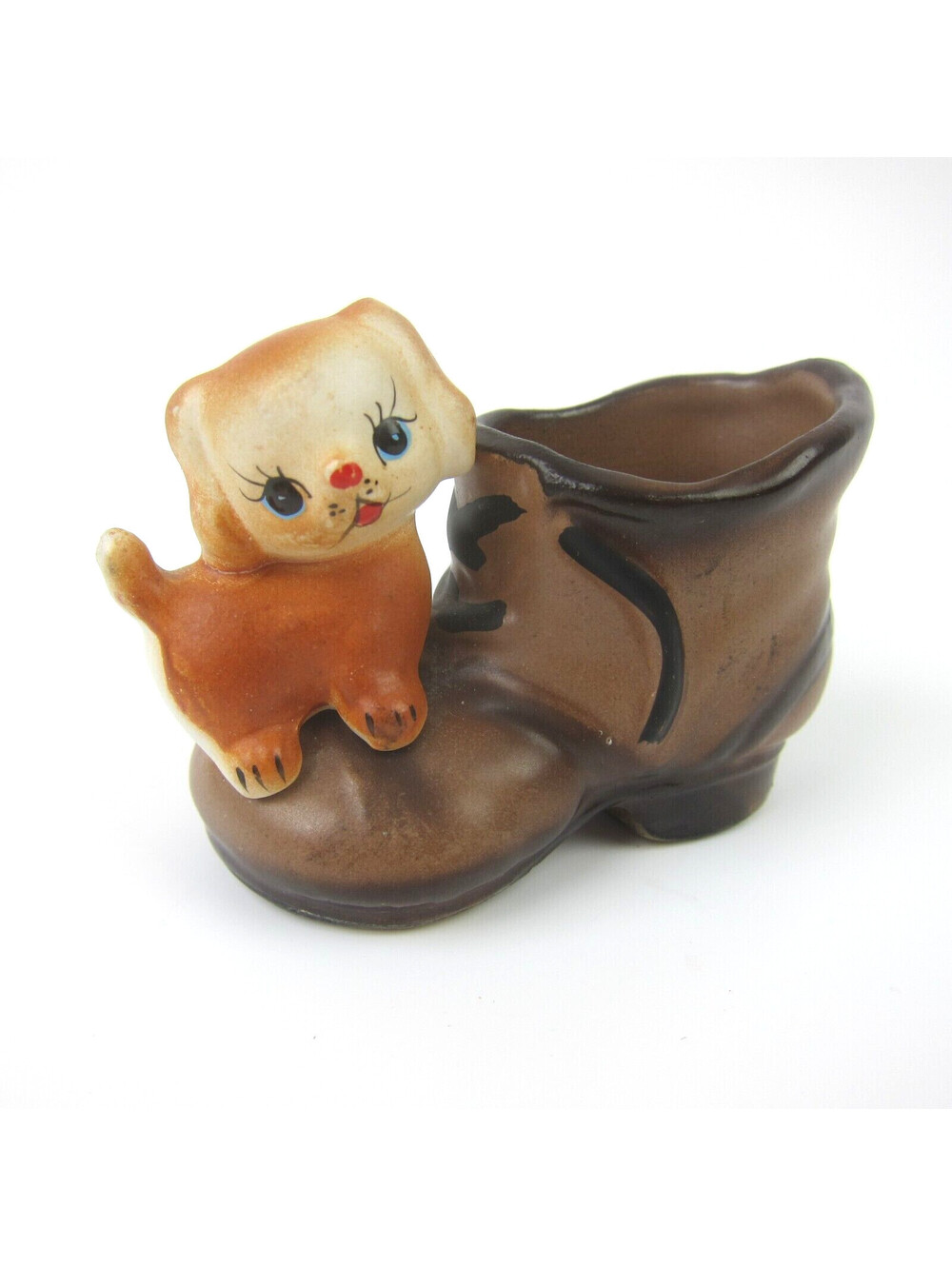 Vintage Enesco Puppy Dog On Boot Toothpick Holder Ceramic Figurine JAPAN 1950s